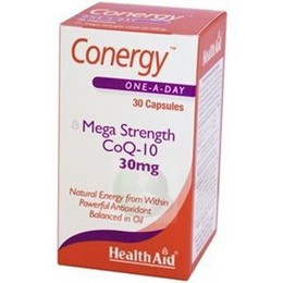 Health Aid Conergy Co Q10 30mg 30Caps. Το συνένζυμο Q10 έχει ως ρόλο την παραγωγή ενέργειας από θρεπτικά συστατικά τροφών και λαμβάνεται σε περιπτώσεις που απαιτείται ενέργεια και έχει ευεργετικές ιδιότητες για την καρδιά.