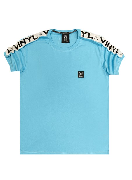 Vinyl art clothing teal t-shirt with logo tape