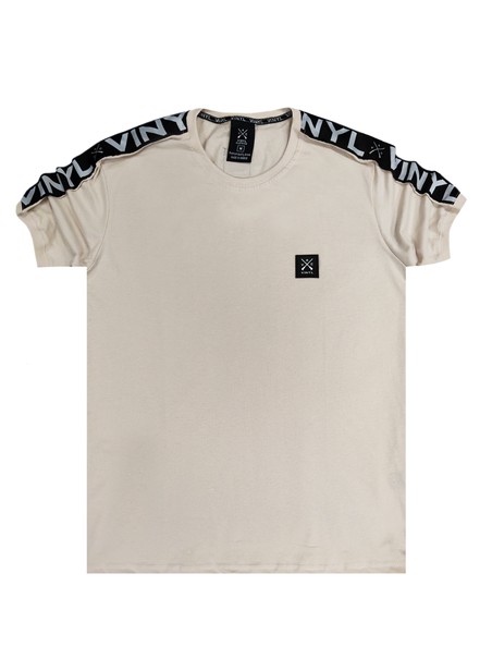 Vinyl art clothing beige t-shirt with logo tape