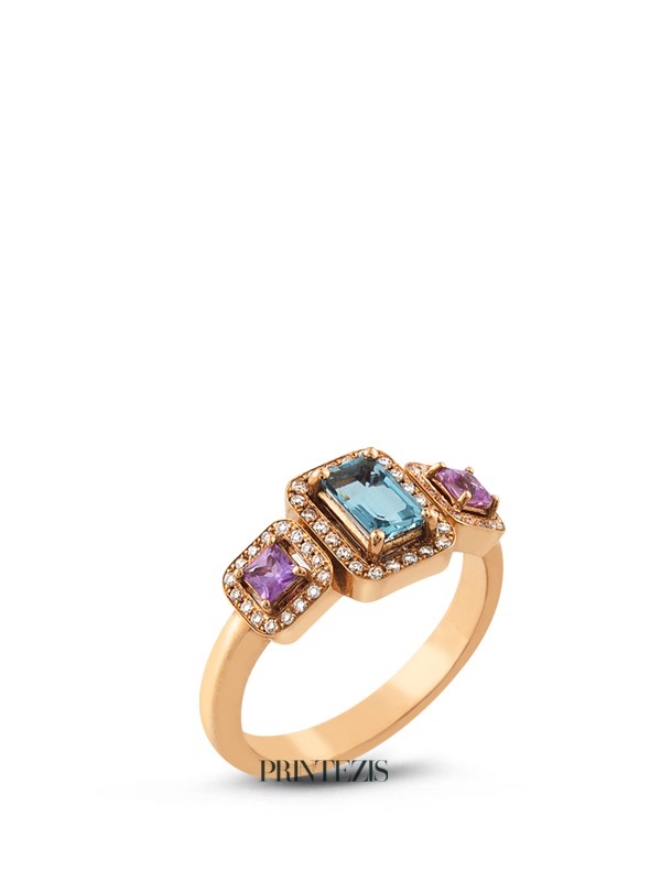 Δαχτυλίδι Ροζ Χρυσό K18 με Aquamarine, Ζαφείρια και Διαμάντια