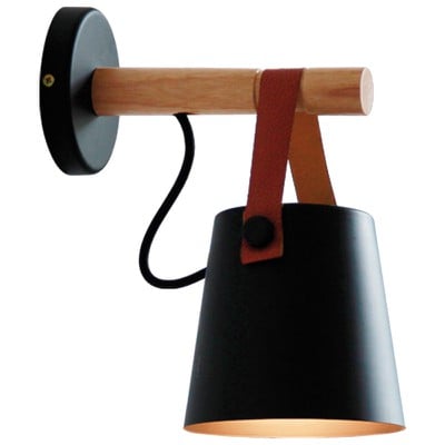 Wall Lamp Black Metal With Wood And Leather Ε27 40