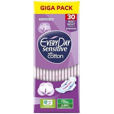 EVERYDAY Giga Pack Σερβιέτες Sensitive with Cotton Maxi Night Ultra Plus 30 Τεμάχια