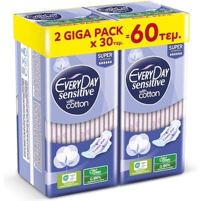 EVERYDAY Σερβιέτες Sensitive Cotton Super Ultra Plus Giga Pack 60 Τεμάχια 2x30