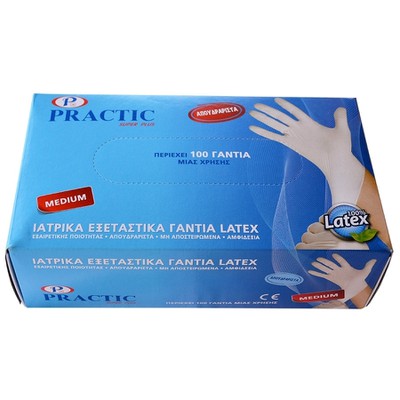 PRACTIC Γάντια Latex Μίας Χρήσης Χωρίς Πούδρα - Συσκευασία 100 Τεμαχίων - Επιλέξτε Μέγεθος