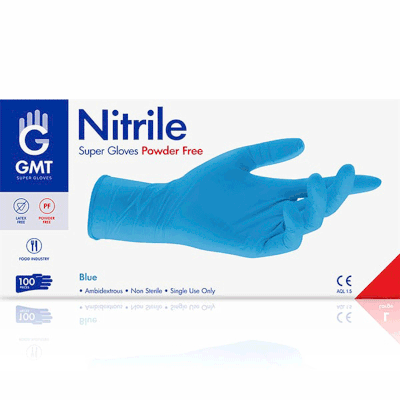 GMT Μπλε Γάντια Νιτριλίου Μίας Χρήσης Χωρίς Πούδρα - Συσκευασία 100 Τεμαχίων - Επιλέξτε Μέγεθος