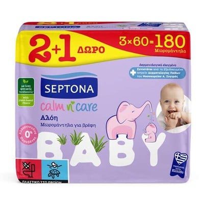 SEPTONA  Calm n' Care Baby Wipes with Aloe Vera 2+1 Δώρο Μωρομάντηλα Για Βρέφη Με Αλόη 3x60 Τεμάχια