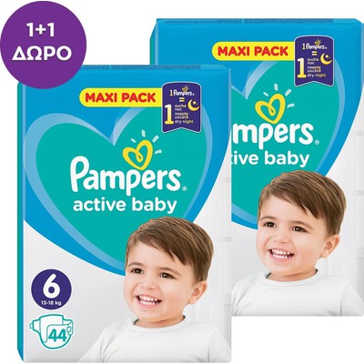 PAMPERS Βρεφικές Πάνες Active Baby No.6 13-18Kgr 44 Τεμάχια Maxi Pack 1+1 Δώρο