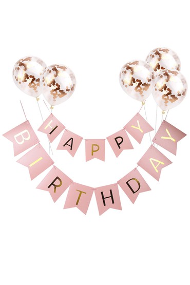 Happy Birthday banner ροζ με μπαλόνια που έχουν ροζ-χρυσό confetti