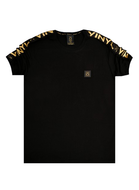 Vinyl art clothing black t-shirt with logo tape