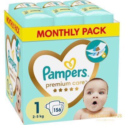 PAMPERS Premium Care Monthly Pack Πάνες Με Αυτοκόλλητο No1 Για 2-5kg 156 Τεμάχια