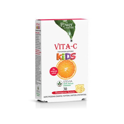 POWER HEALTH Vita C Kids 100mg Stevia Συμπλήρωμα Διατροφής Με Παιδική Βιταμίνη C Με Γεύση Πορτοκάλι x30 Μασώμενα Δισκία