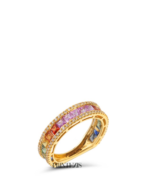 Δαχτυλίδι Χρυσό Κ18 με Multicolor Ζαφείρια και Διαμάντια 