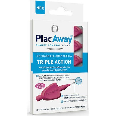 PLAC AWAY  Triple Action Μεσοδόντια Βουρτσάκια 0.4mm ISO 0, Ροζ  x6 τμχ