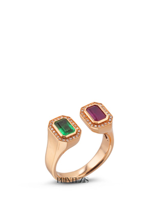 Δαχτυλίδι Ροζ Χρυσό Κ18 με Ρουμπίνι, Σμαράγδι και Διαμάντια 