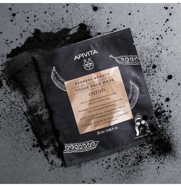 Apivita Express Beauty Tissue Face Mask Carob Μαύρη Tissue Μάσκα Προσώπου με Χαρούπι για Αποτοξίνωση & Καθαρισμό, 20ml