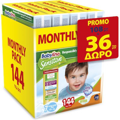BABYLINO Πάνες Με Αυτοκόλλητο Sensitive No.7 Για 15+kg 144 Τεμάχια